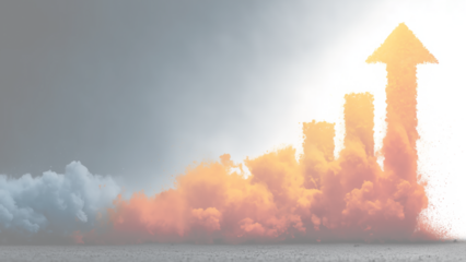 煙や粒子で形成された成長を示す棒グラフと矢印の抽象画