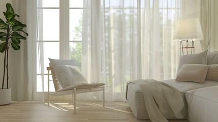 Fototapeta premium Luxury Living Room Interior Design: Cozy Home Space with Sofa, Armchair, Lamp & Wooden Furniture