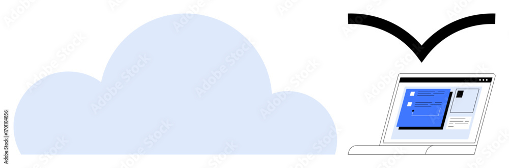 Poster large blue cloud and arrow pointing to laptop screen with application interface. ideal for data tran