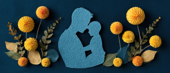 Silhouette of a couple sharing a kiss in a paper-cut style, framed by bright yellow pompom flowers and metallic leaves on a deep blue backdrop, warm and intimate.