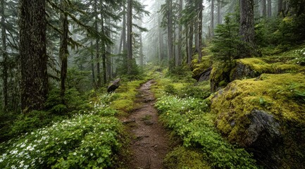 Misty forest trail winds through lush greenery