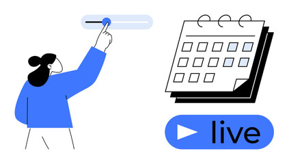 Person adjusts slider bar beside a calendar and live button. Ideal for scheduling, events, organization, live streaming, time management, productivity, digital planning. Simple flat metaphor