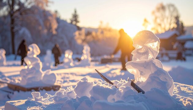 Snow sculpture workshop; chisels dawn, sculpted forms catching first light, crisp air.