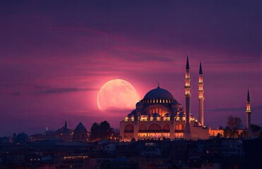 Fototapeta premium Mosque at dusk, full moon