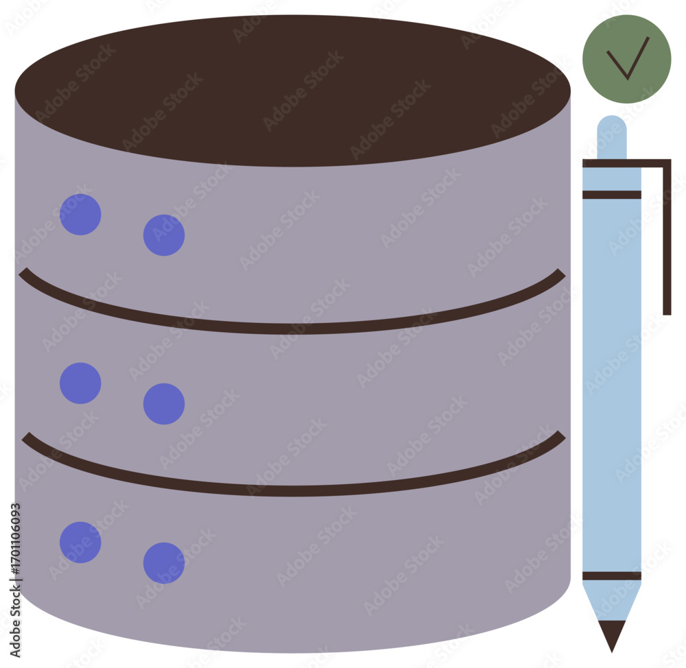 Poster cylindrical database server with blue dots beside a pen and green checkmark. ideal for data security