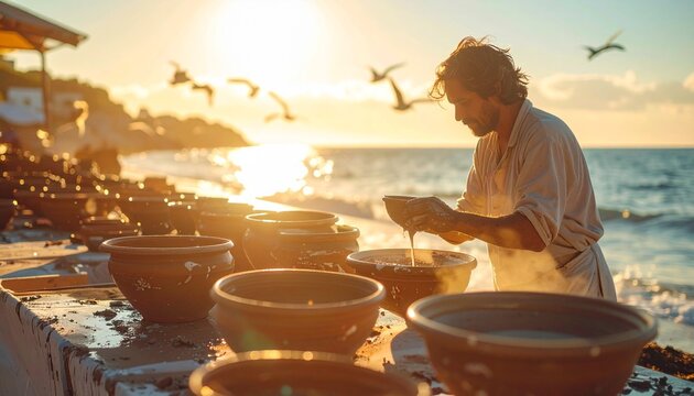 Seaside bowls plein circling, studio; salt sun-spattered tide, shapes clay beside cloth. air glaze, studio potter gulls spray