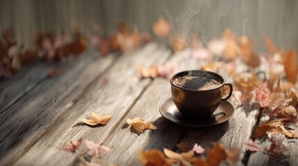Steaming coffee cup placed on a rustic wooden table surrounded by autumn leaves in a cozy setting