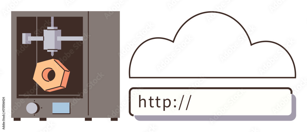 Poster 3d printer crafting geometric object with internet connection visualized by cloud and url bar. ideal