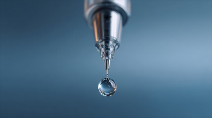 Close-up of a water droplet forming at the tip of a precision nozzle in a laboratory setting