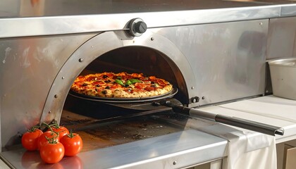 A delectable pizza is being baked in a professional, stainless steel pizza oven.