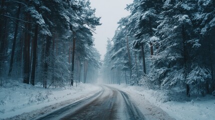 Fototapeta premium Snowy woodland road winding through a serene forest in wintertime with fog and snow-covered trees