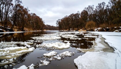 River in winter with ice floes