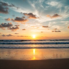 Beach at Sunset with Clouds and Reflections