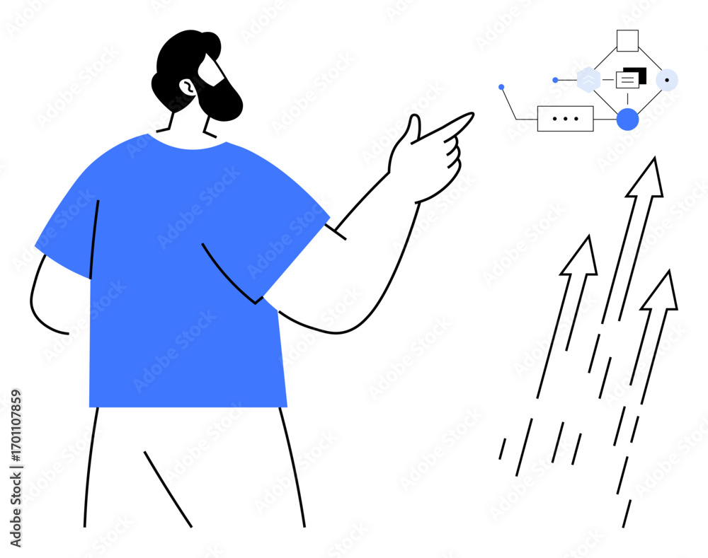 Aufkleber person gestures toward a digital flowchart with interconnected shapes and nodes alongside upward arr