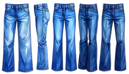 Vibrant illustrations of various flared denim jeans, showcasing different views for fashion design inspiration.