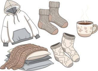 Cozy winter clothes and warm drink apparel and beverages for comfort and relaxation vector