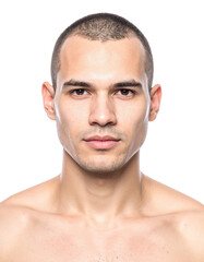 Young Man with Shaved Head Portrait on White Background.