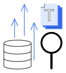 Database, upward arrows, text files, and magnifying glass symbolizing data processing, analysis, growth, and search optimization. Ideal for technology, research organization big data analytics