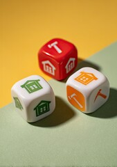 Three dice, red, white, and orange, depicting house and hammer icons, on a split-toned background