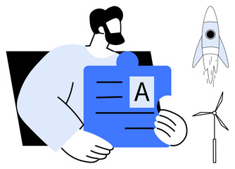 Male figure holding a puzzle piece with A, representing knowledge or solutions. Accompanied by a rocket symbolizing innovation and wind turbine for sustainability. Ideal for teamwork, learning