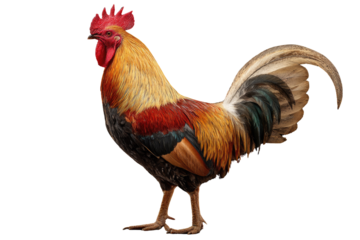A vibrant rooster, isolated on transparent background, showcasing its richly colored plumage and majestic tail. background removed