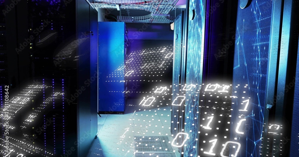 Poster glowing blue server cabinets projecting binary code overlay in data center room, with cable trays
