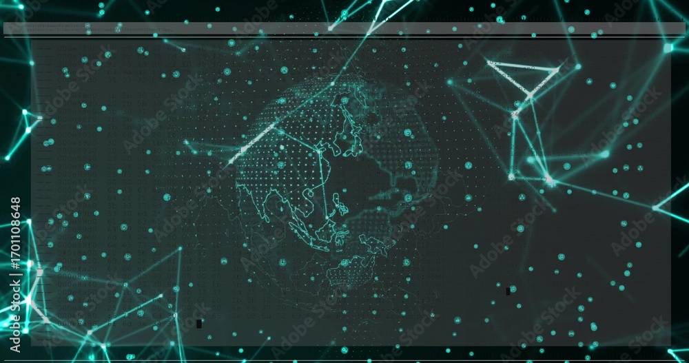 Aufkleber displaying asia-focused dotted wireframe globe at network interface, with teal nodes, data points