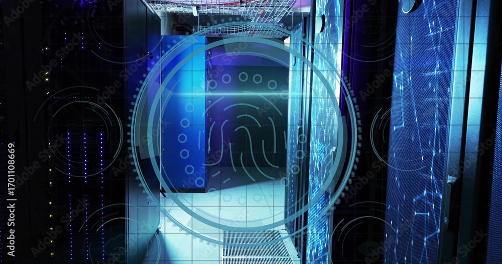 Poster displaying fingerprint hologram hovering over data center, showing server racks, led lights, cables