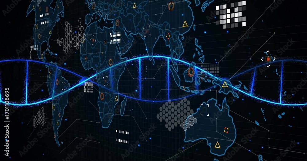 Poster stretching blue dna double helix across interface grid, with world map outlines, hexagonal clusters