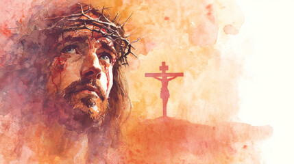 Watercolor Depiction of Jesus Christ with Crown of Thorns and Compassionate Sorrow, with Crucifixion Silhouette