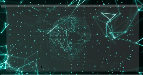 Fototapeten Asiatische Länder Displaying Asia-focused dotted wireframe globe at network interface, with teal nodes, data points  © vectorfusionart