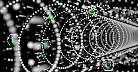 Receding tunnel forming white sphere rings in data network, with hexagonal shapes and green icons