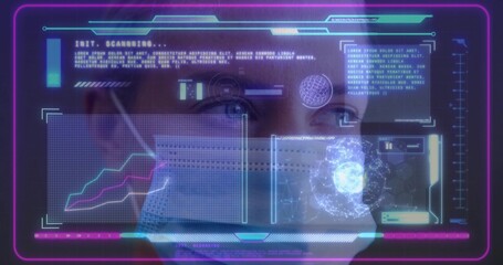 Projecting holographic interface over female face at console with globe projection and reticle