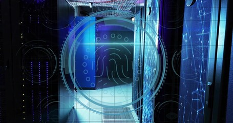 Displaying fingerprint hologram hovering over data center, showing server racks, LED lights, cables