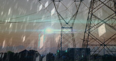 Central steel pylon broadcasting digital code among power lines at dusk, with lens flare