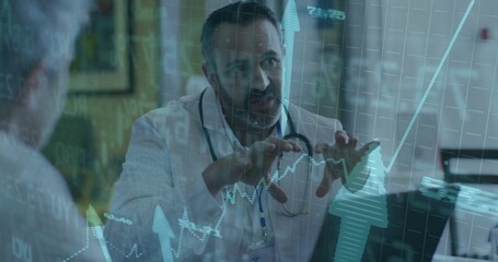Gesturing white coat doctor explaining data on laptop with chart overlays in consultation room