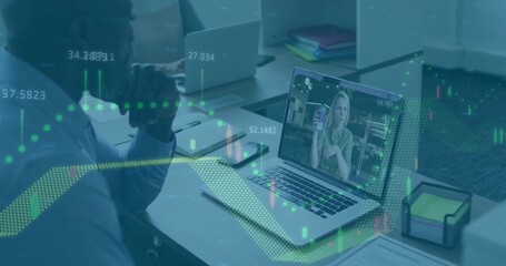 Man joining remote meeting at office desk, with laptops notepad overlaid financial data, copy space