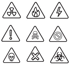A set of outlined icons representing various warning and danger signs for safety, including biohazard, toxic, and fire