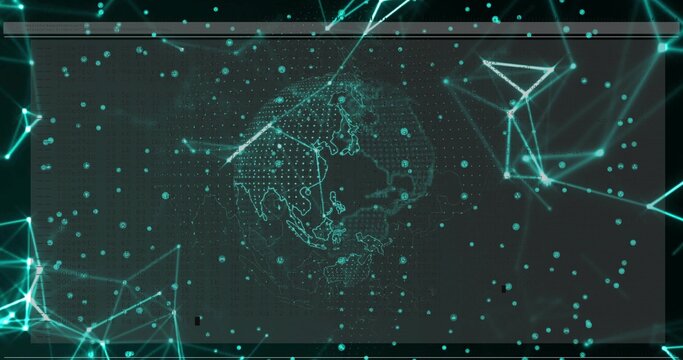 Displaying Asia-focused dotted wireframe globe at network interface, with teal nodes, data points