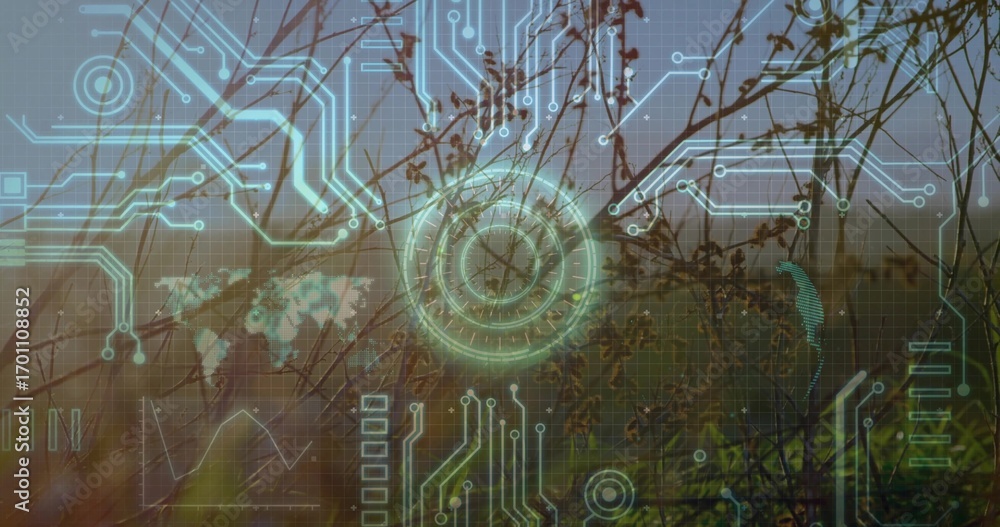 Poster floating glowing circular interface over grass in meadow with circuit traces, map, grid and charts