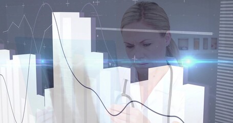 Holding phone doctor in lab coat with stethoscope analyzing bar, line charts at clinic, copy space