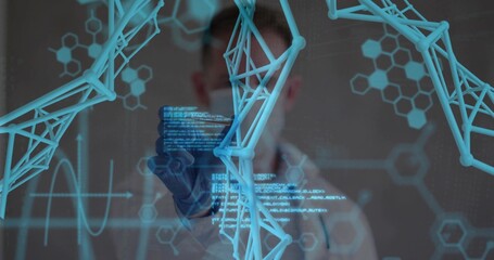 Scientist wearing lab coat, gloves interacting with holographic lattice in lab, with hex patterns