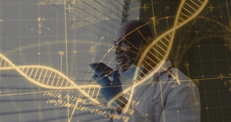 Adjusting mask scientist wearing lab coat and blue gloves in lab, with holographic DNA overlay