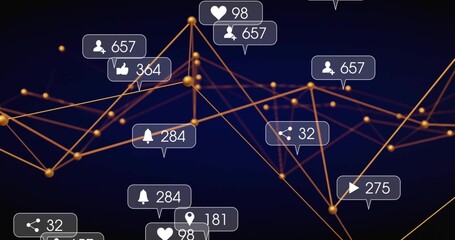 Visualizing golden nodes and thin orange lines in digital abstract space, with social media icons