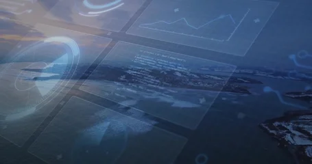 Fototapete Meer & Ozean Displaying holographic panels hovering over sea at sunset, with data charts and code snippet window  © vectorfusionart