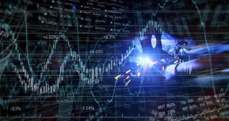 Generating blue sparks from welding torch in workshop, overlaying finance charts and ticker symbols