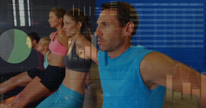 Demonstrating wall squat instructor in gym guiding group with padded wall and AR data, copy space