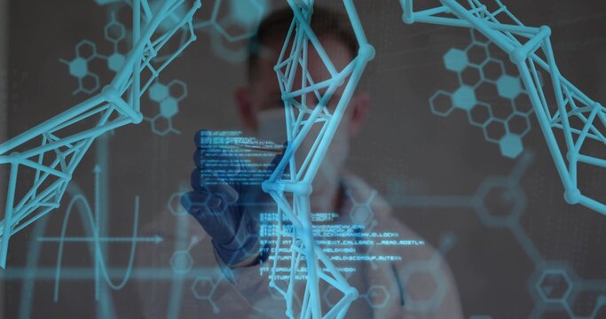 Scientist wearing lab coat, gloves interacting with holographic lattice in lab, with hex patterns - Powered by Adobe