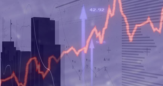 Overlaying red zigzag line graph on city skyline backdrop, with pale blue arrows, numeric labels