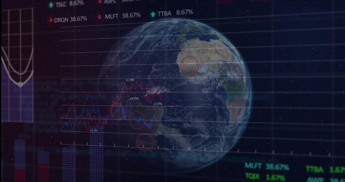 Naklejki Displaying 3D Earth globe rotating on dashboard, with financial charts and ticker symbols